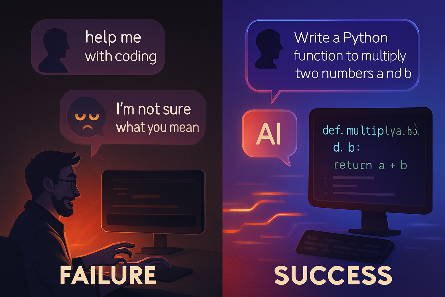 Comparison of vague vs specific AI coding prompts