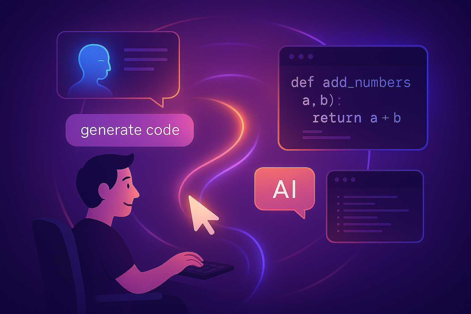 Abstract workspace with multiple AI coding tools and interfaces