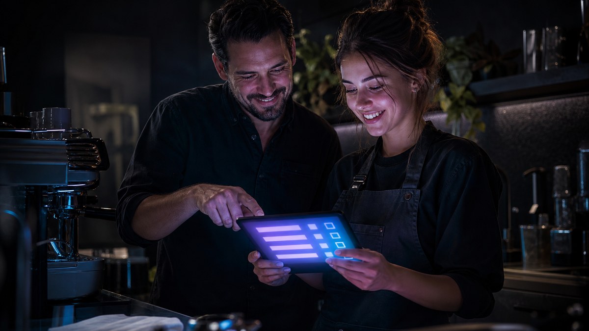 Cafe owner and employee testing a vibe-coded staff checklist app on a tablet