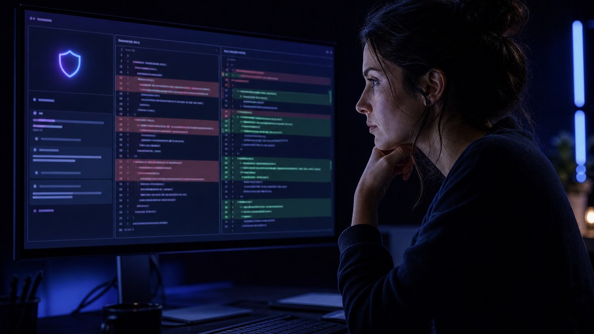 Developer reviewing AI-generated code changes from a coding agent before shipping a vibe-coded app