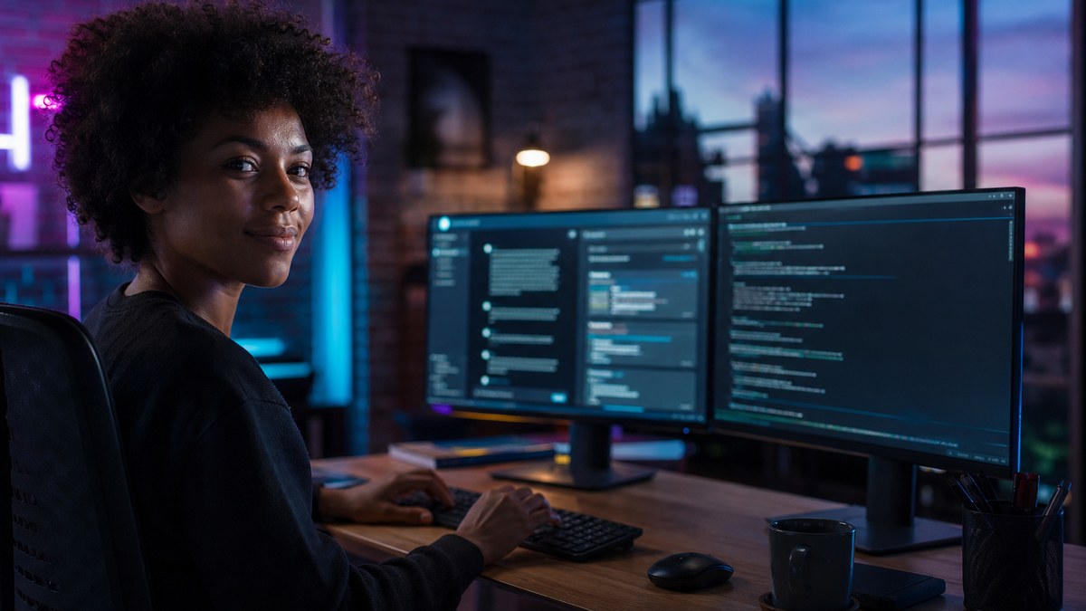 Developer using both an AI assistant and a code editor side by side, combining vibe coding and traditional programming