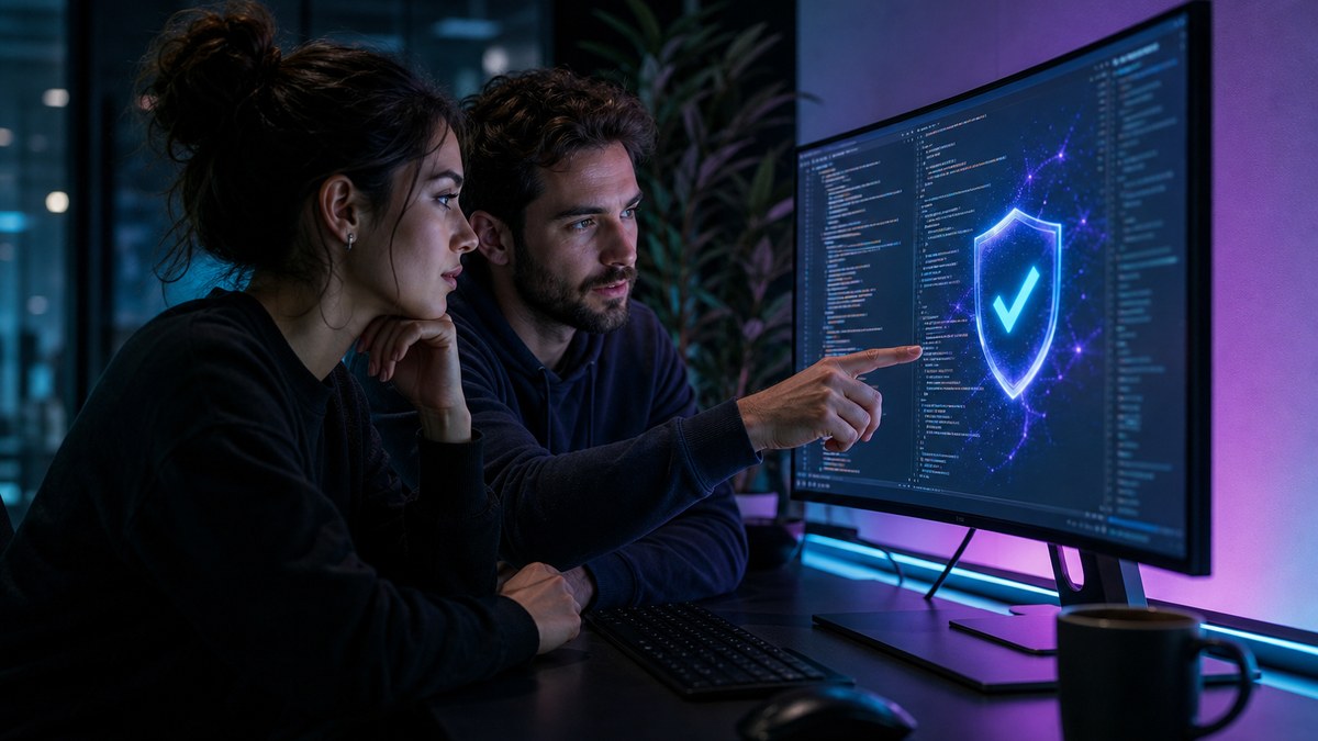 Two developers reviewing AI-generated code together on a large monitor before shipping a feature