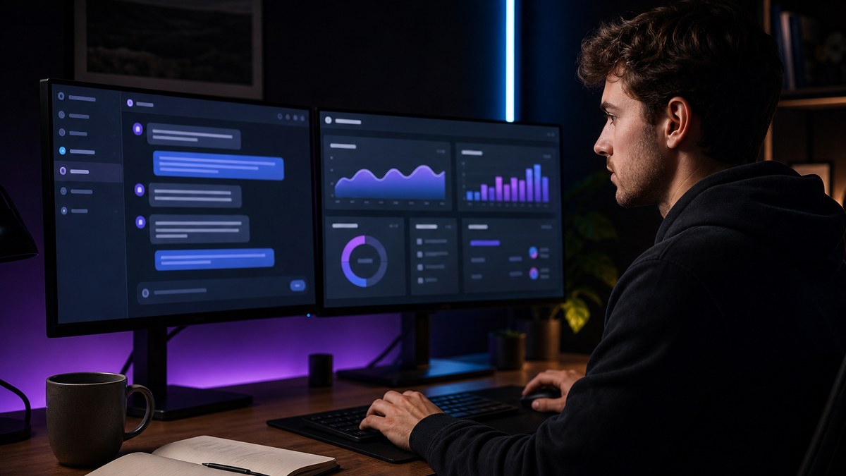 Freelance vibe coder building a client app with an AI assistant at a home desk at night