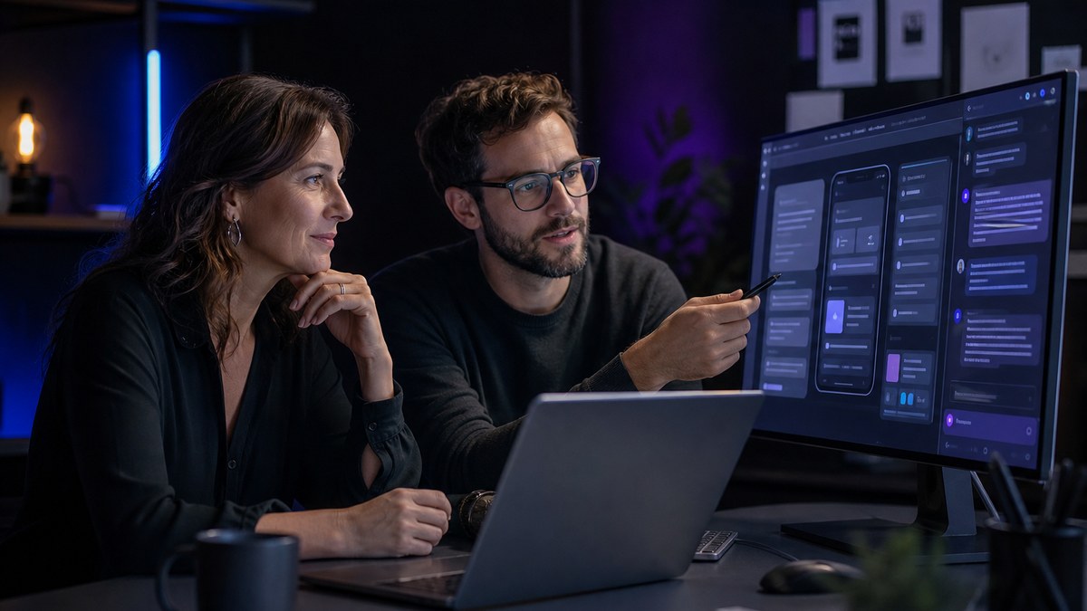 Small business owner and a developer at a desk reviewing an AI-built app prototype together on a laptop and a large monitor