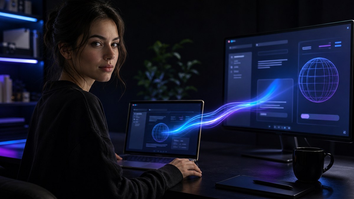 Builder at a laptop watching an AI-built web app move from a preview window to a live website on a second screen