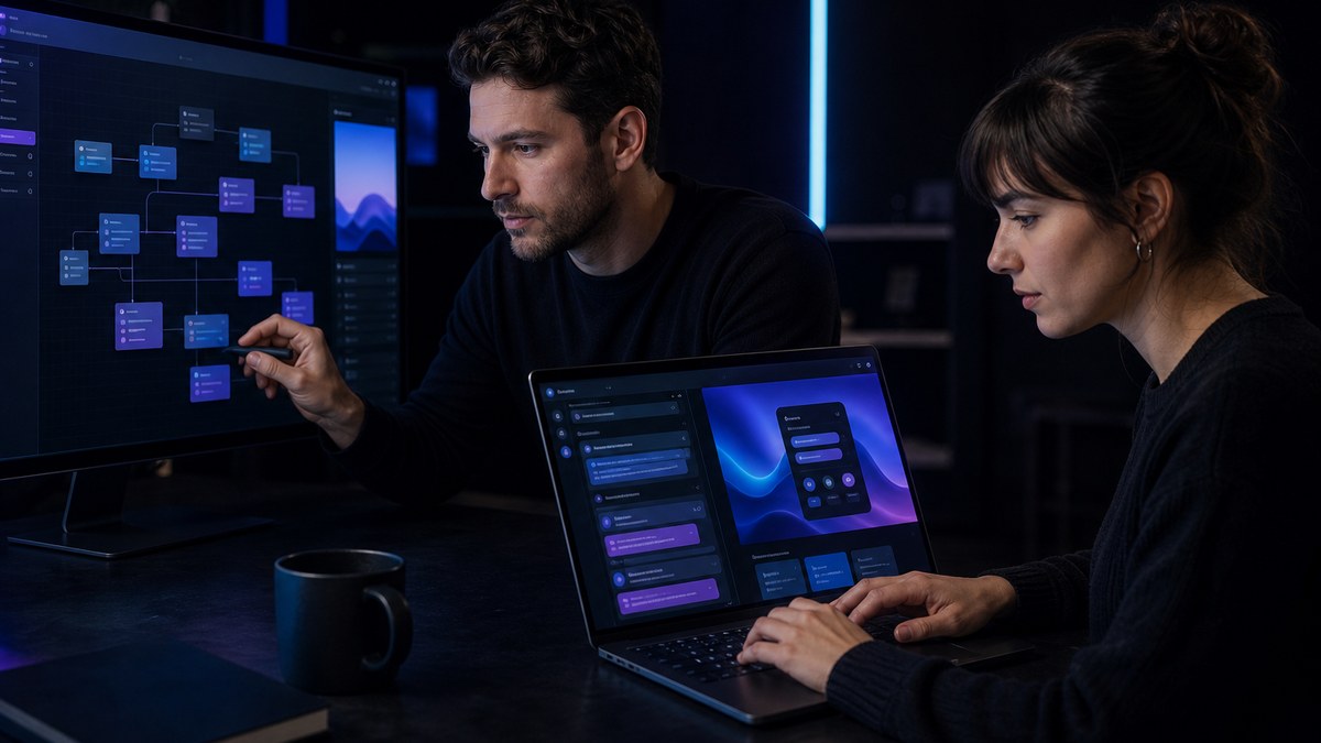 Two colleagues at a large monitor, one arranging visual app blocks and the other typing a prompt to an AI assistant