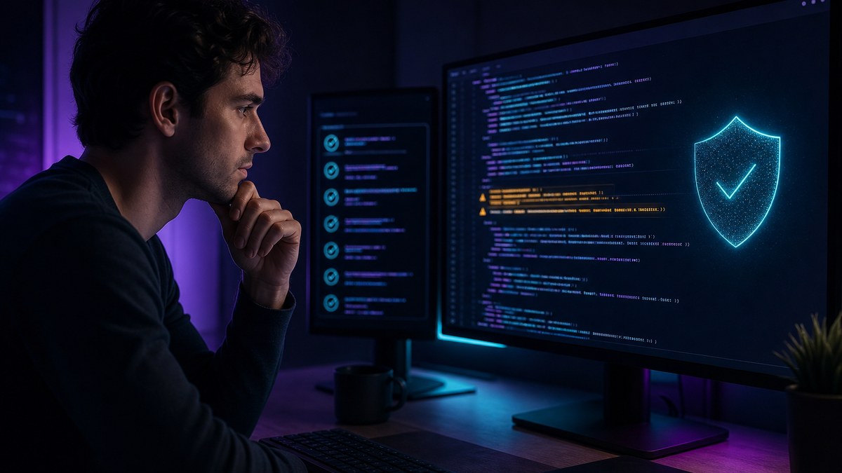 Developer reviewing AI-generated code for security issues before launching a vibe-coded app