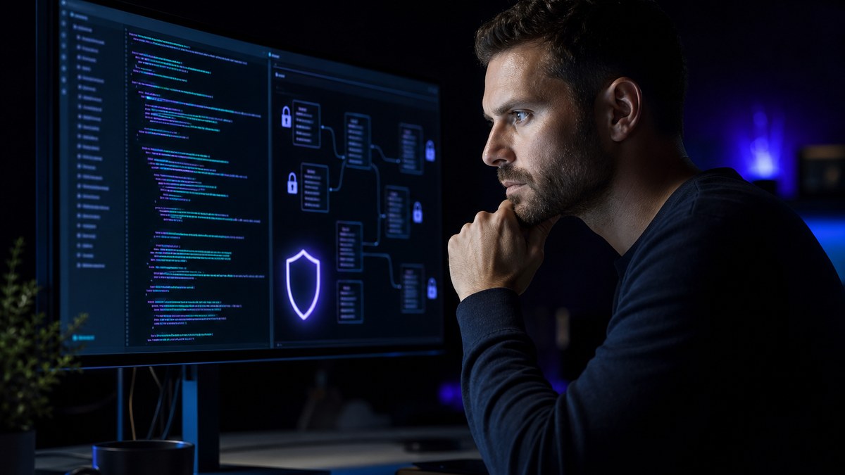 Developer reviewing AI-generated code and database access settings on a monitor before launching an app