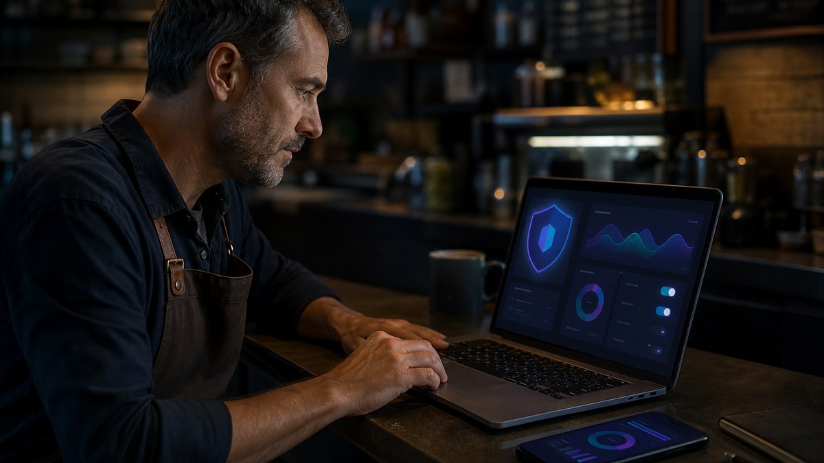 Small business owner at a laptop reviewing a live app's activity dashboard and security settings after launch