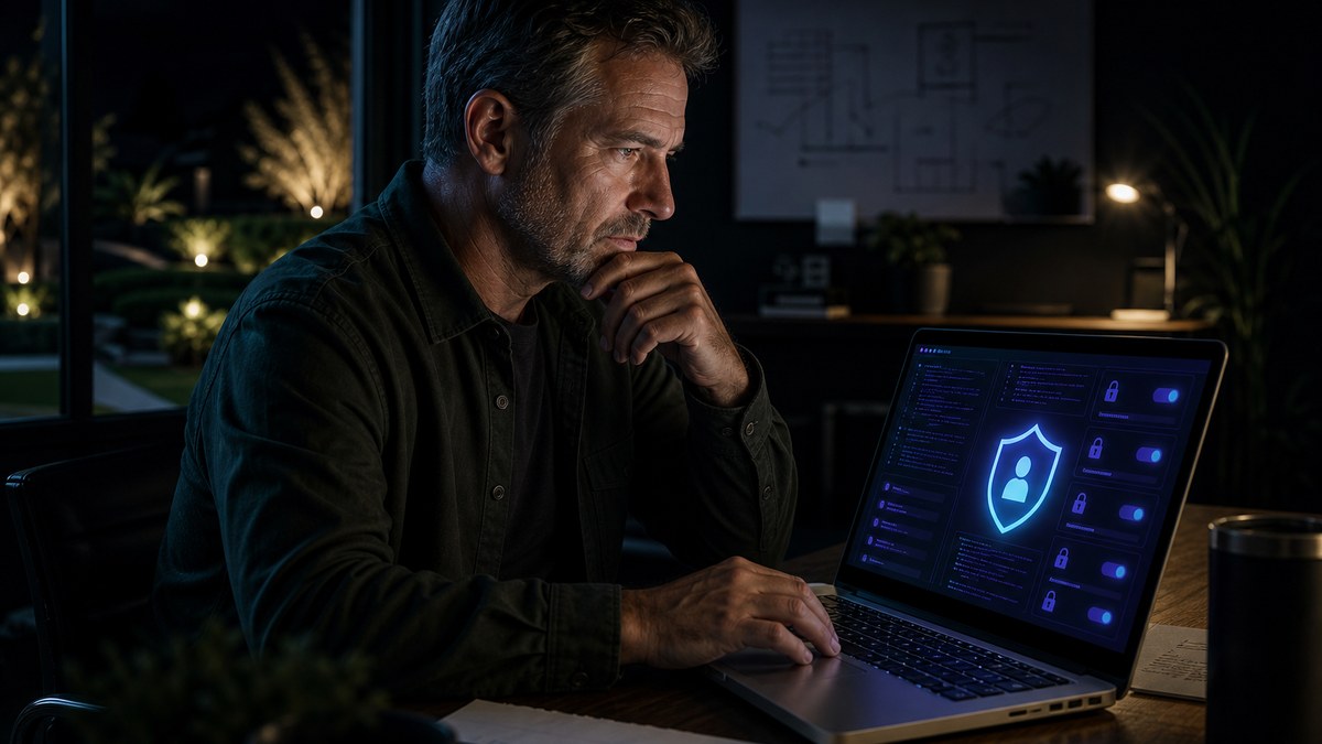 Small business owner reviewing security settings of a vibe-coded customer app before launch