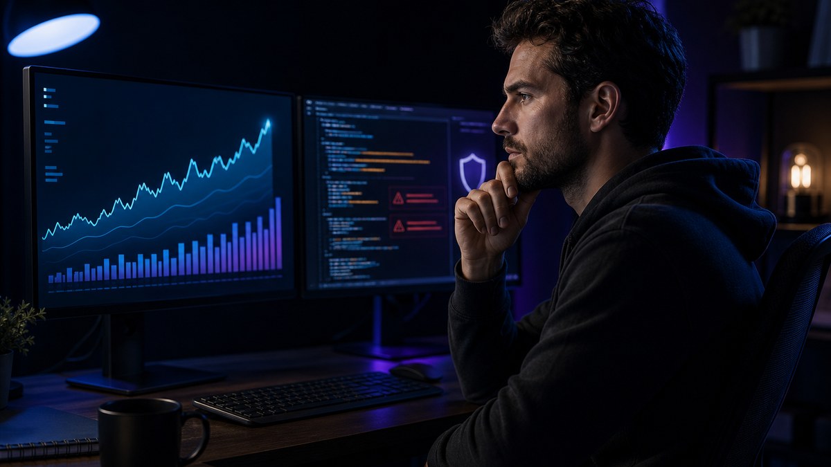 Solo founder reviewing an abstract revenue dashboard and security warnings on two monitors late at night