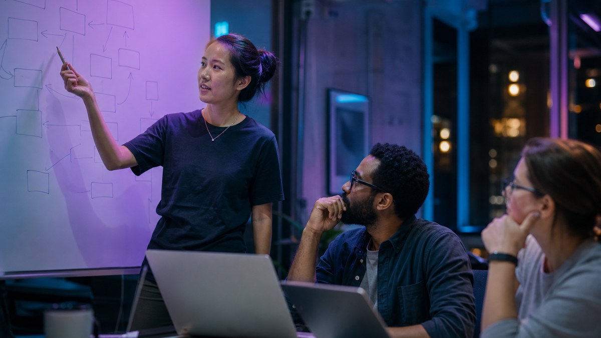 Small team planning a software project on a whiteboard while laptops show AI coding tools