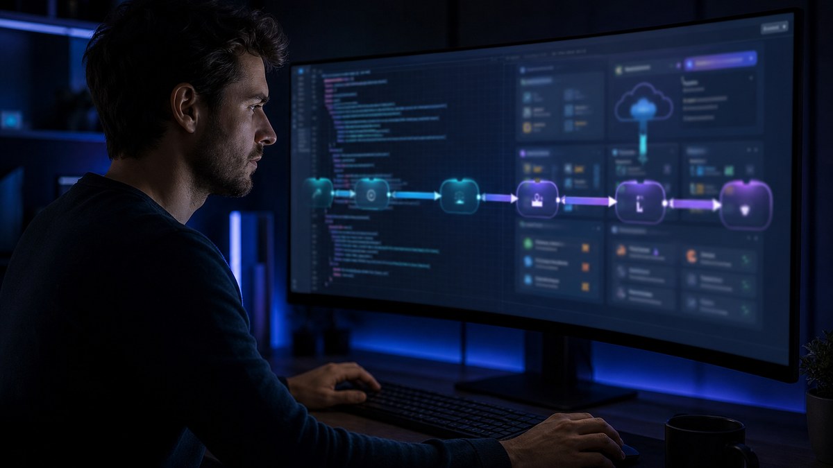 Developer at a desk connecting a code repository to a cloud hosting dashboard, with glowing deployment pipeline graphics