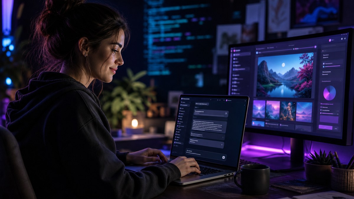 A vibe coder describing an app idea to an AI assistant on a laptop while a working app preview appears on screen