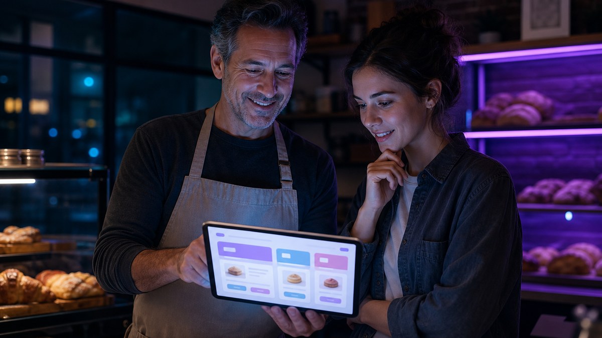Small bakery owner and a vibe coder reviewing a simple online ordering app together on a tablet