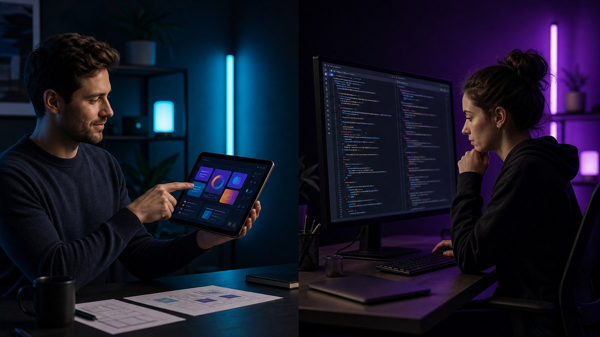 Side-by-side scene of a vibe coder testing an app preview and a developer reviewing AI-generated code in an editor