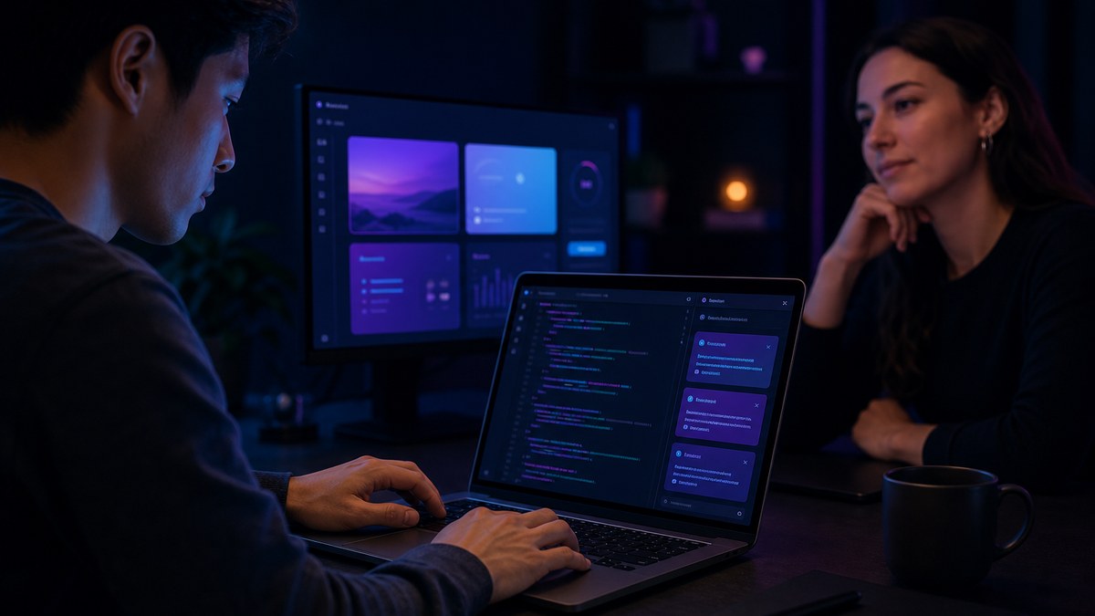 Developer at a laptop building a small app milestone with an AI coding assistant, while the client watches the live preview on a second screen