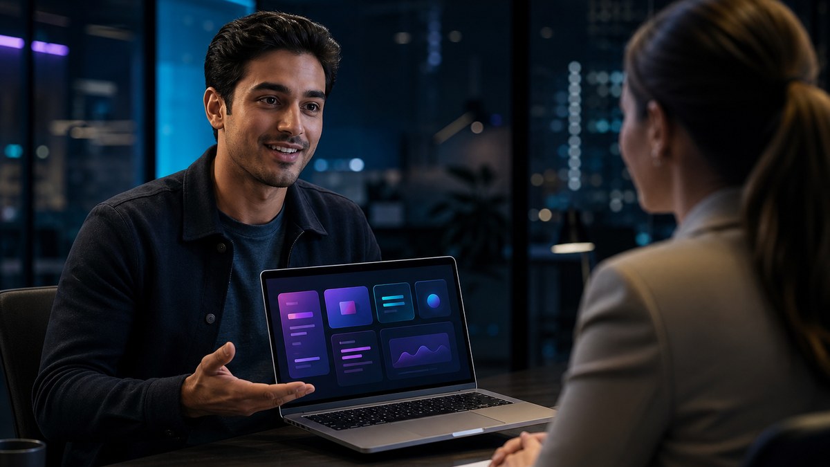 Job candidate showing a portfolio of AI-built apps on a laptop to an interviewer in a dark, neon-lit office