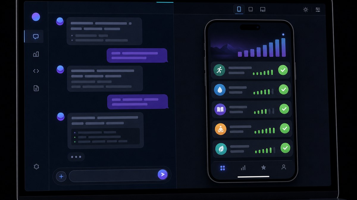 Vibe coding loop on screen: chat prompt on one side and a live preview of a simple habit tracker app on the other
