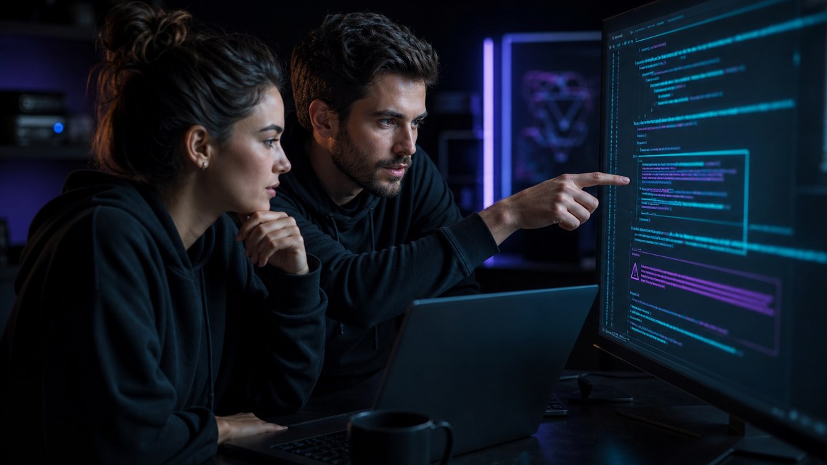 Two builders reviewing an AI-built app together before launch, one pointing at a highlighted section of abstract code