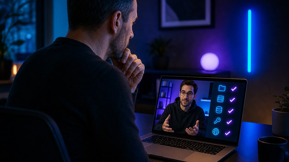 Business owner and developer on a video call reviewing a handover checklist with code repository, hosting and database icons on screen