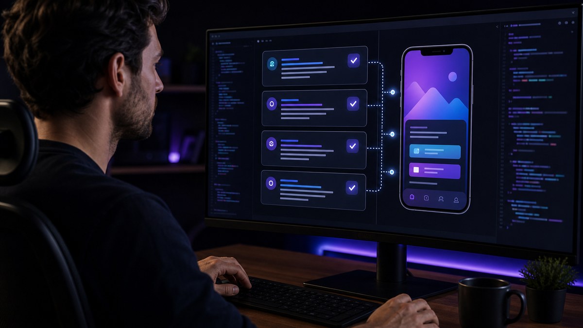 Vibe coding prompt templates being refined step by step next to a live app preview