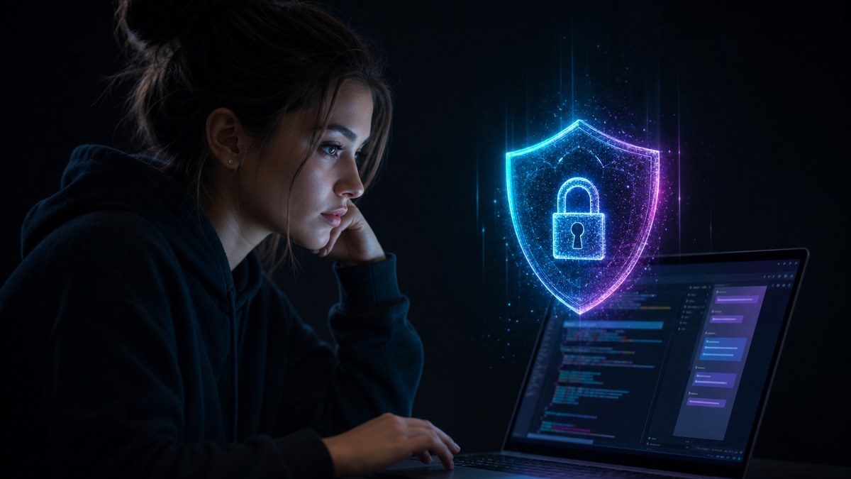 Developer running a vibe coding security checklist on a laptop, with a glowing shield over abstract code