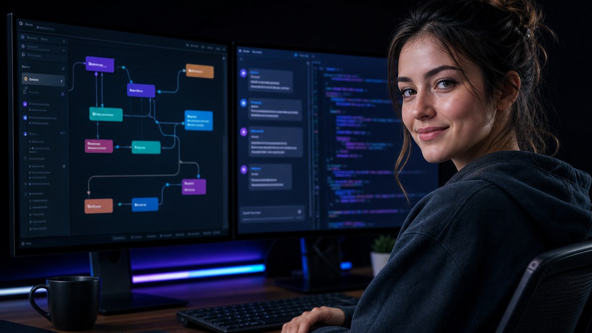 Builder comparing a visual drag-and-drop no-code editor with an AI chat prompt generating code on two screens