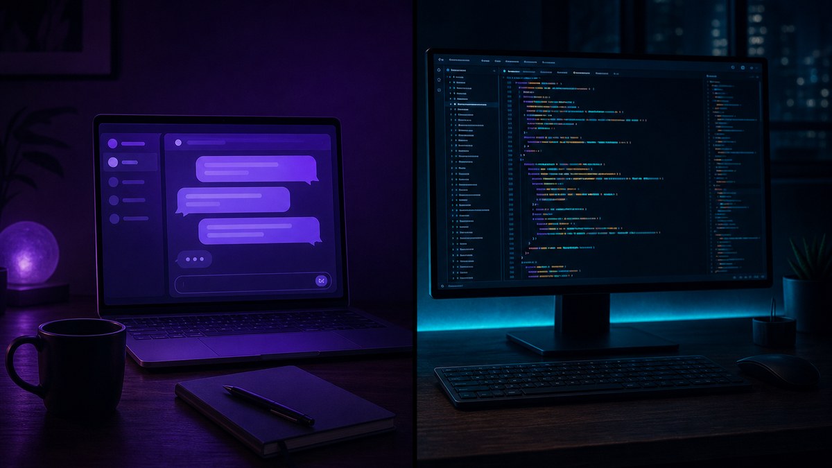 Split scene comparing vibe coding with an AI chat prompt and traditional coding in a code editor