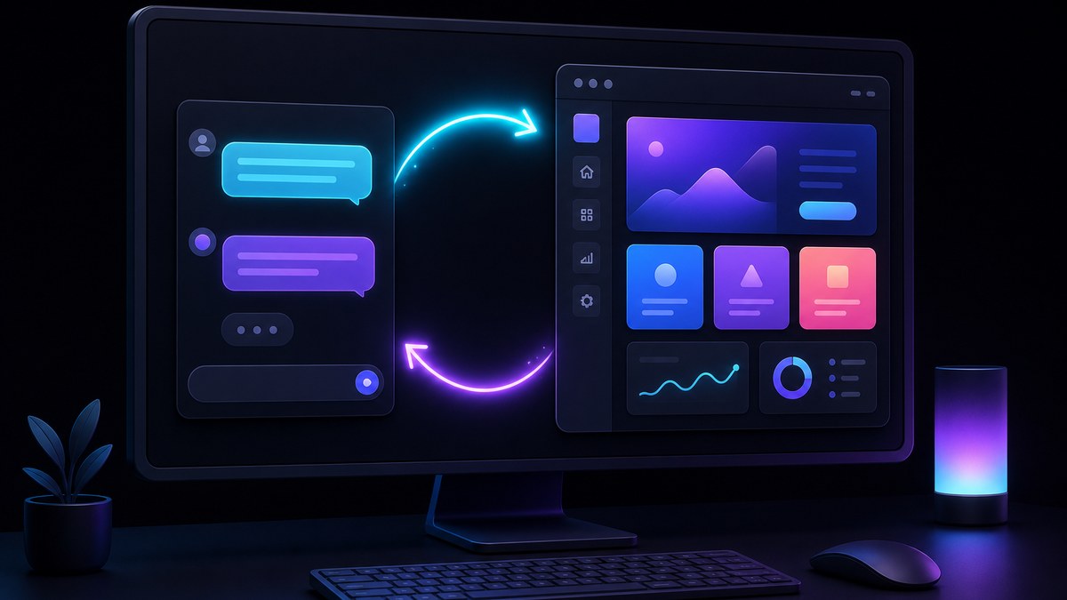 Vibe coding workflow on screen: a chat prompt on one side and the generated app preview on the other